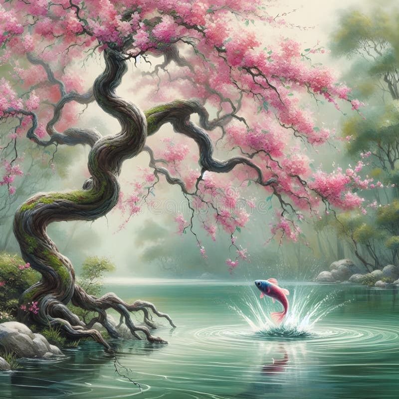 Un árbol de flores rosadas al borde del lago mientras un pez resbalaba por la superficie en un bosque tranquilo. stock de ilustración