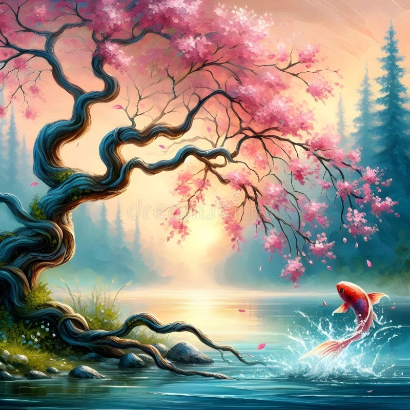 Un árbol de flores rosadas al borde del lago mientras un pez resbalaba por la superficie en un bosque tranquilo. ilustración del vector