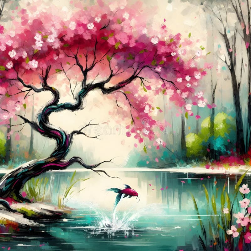 Un árbol de flores rosadas al borde del lago mientras un pez resbalaba por la superficie en un bosque tranquilo. libre illustration