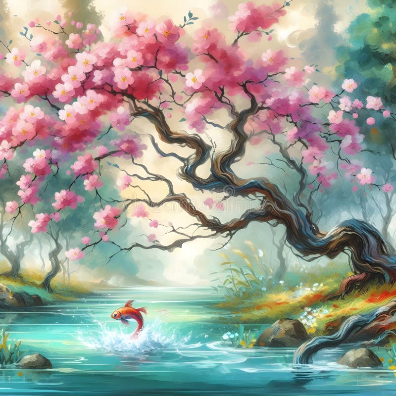 Un árbol de flores rosadas al borde del lago mientras un pez resbalaba por la superficie en un bosque tranquilo. libre illustration