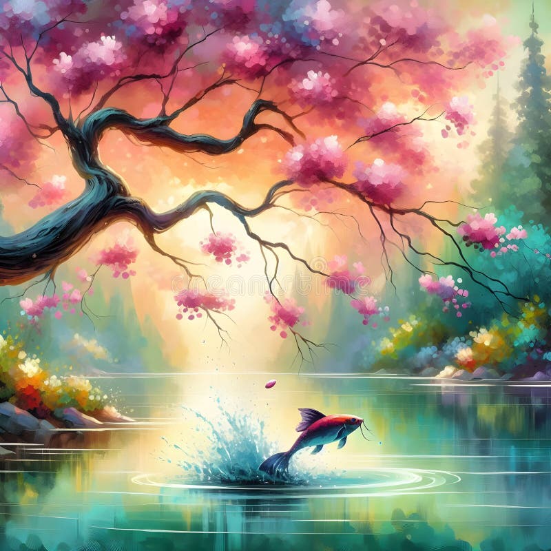 Un árbol de flores rosadas al borde del lago mientras un pez resbalaba por la superficie en un bosque tranquilo. stock de ilustración