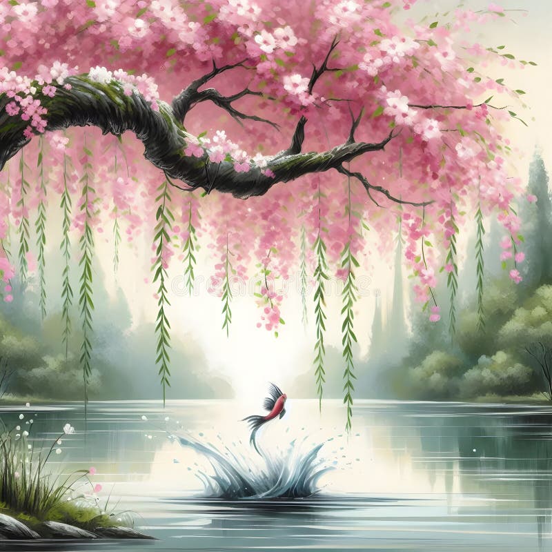 Un árbol de flores rosadas al borde del lago mientras un pez resbalaba por la superficie en un bosque tranquilo. ilustración del vector