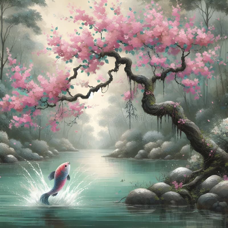 Un árbol de flores rosadas al borde del lago mientras un pez resbalaba por la superficie en un bosque tranquilo. ilustración del vector