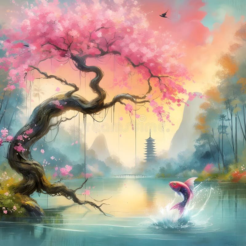 Un árbol de flores rosadas al borde del lago mientras un pez resbalaba por la superficie en un bosque tranquilo. libre illustration