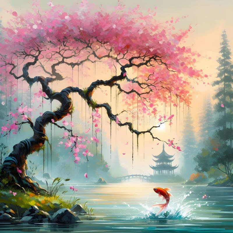 Un árbol de flores rosadas al borde del lago mientras un pez resbalaba por la superficie en un bosque tranquilo. ilustración del vector