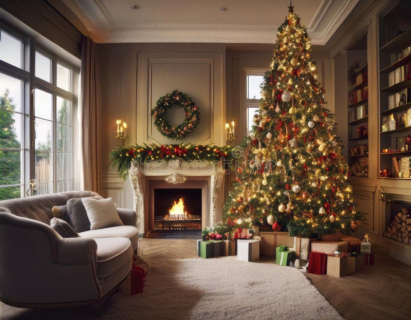 Un árbol de navidad bellamente decorado en una amplia sala de estar con chimenea y ventanas grandes. ai generativo
