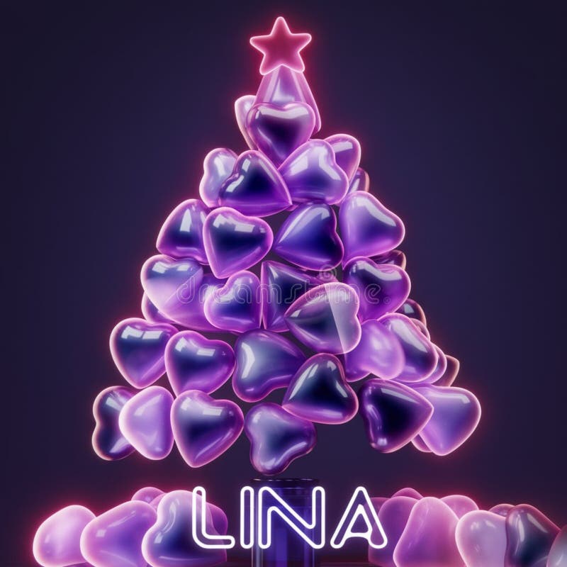 Un árbol de navidad tipo de corazones de puff violeta y rosa con mi nombre de texto 3d lina como el compartimento de almacenamiento del árbol del corazón en neón 3d diseño tipográfico dim sueño dinámico