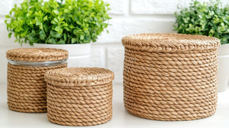Un élégant comptoir de cuisine avec des pots en verre remplis d'ustensiles en bois à grains dans un porte et des herbes fraîches à photo stock
