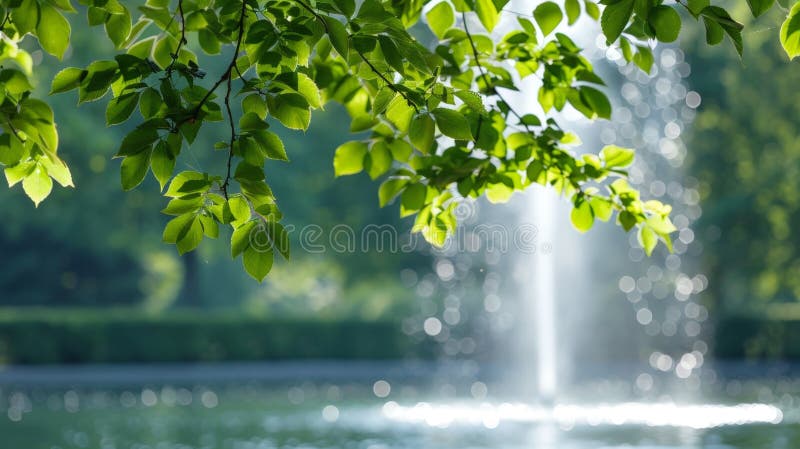 Central fountain in serene pond, surrounded by vibrant green leaves, creating a peaceful and beautiful natural setting AI generated. Central fountain in serene pond, surrounded by vibrant green leaves, creating a peaceful and beautiful natural setting AI generated