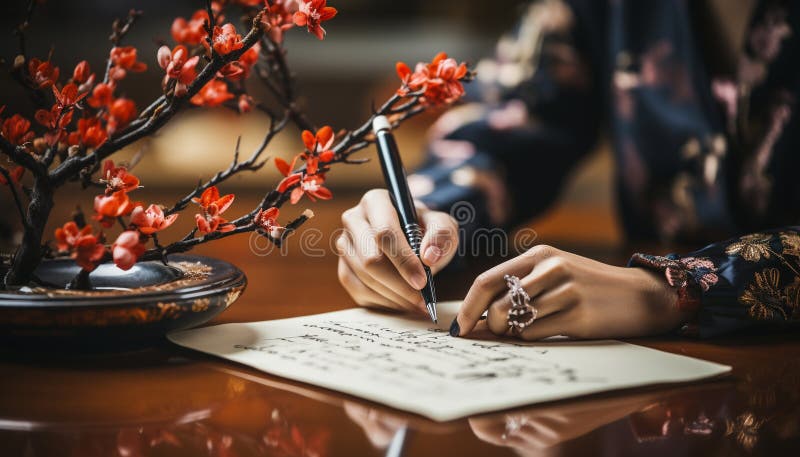 A student sitting indoors, studying, holding a pen, working on paper generated by artificial intelligence AI generated. A student sitting indoors, studying, holding a pen, working on paper generated by artificial intelligence AI generated