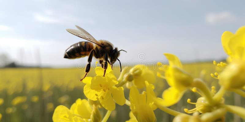 A solitary bee hovering over a pesticide-sprayed field, signifying the threats to pollinators and biodiversity, concept of Environmental degradation and Ecological disruption, created with Generative AI technology. A solitary bee hovering over a pesticide-sprayed field, signifying the threats to pollinators and biodiversity, concept of Environmental degradation and Ecological disruption, created with Generative AI technology