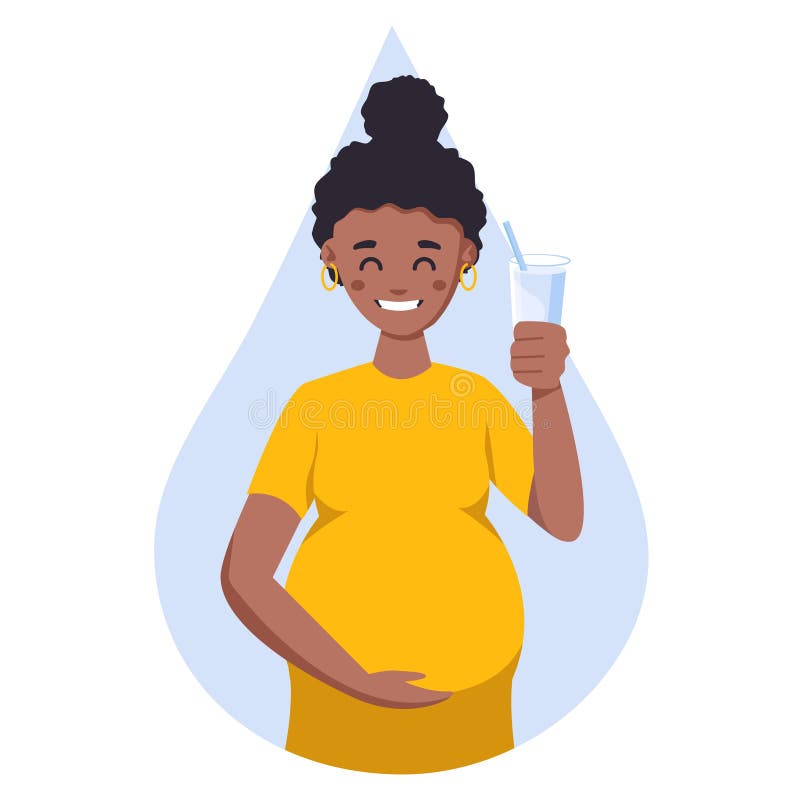Una afroamericana bebe agua en un estilo plano. vector plano ilustración de una mujer embarazada negra beber agua de un stock de ilustración