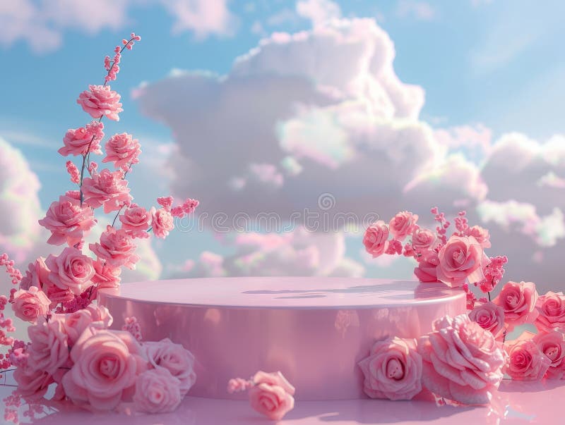 Una arcada rosa con flores rosas y flores rosas en la arcada. el arco está en medio de un cielo azul. generado por ai