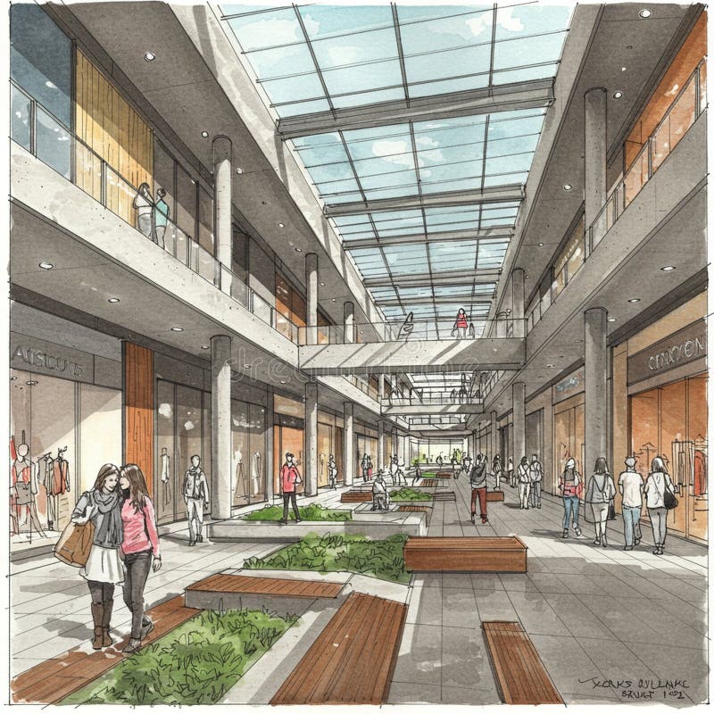 Una arquitectura detallada representa un centro comercial de dos niveles con un cristal libre illustration