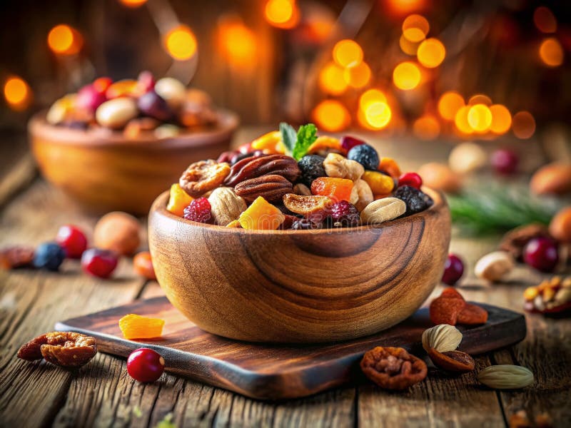 Una asombrosa perspectiva TiltShift de una deliciosa mezcla de frutas secas y nueces en un cuenco de madera a visual. Experimente la belleza cautivadora de una fotografía de desplazamiento en inclinación meticulosamente hecha. Esta imagen muestra una deliciosa mezcla de frutos secos y nueces artificialmente dispuestas en un rústico bol de madera. La profundidad superficial del campo que se logra a través de la técnica de desplazamiento de inclinación crea un efecto hipnotizador que atrae a los espectadores a los detalles intrincados de cada fruto y nuez individual. El enfoque suave