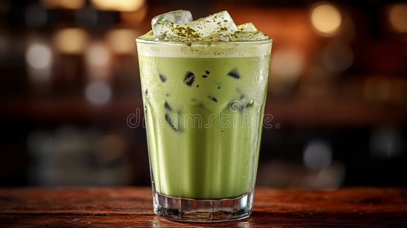 Una bebida fresca y verde con hielo servido en una cristalera sobre un fondo ligeramente iluminado que acentúa su fotografía de archivo