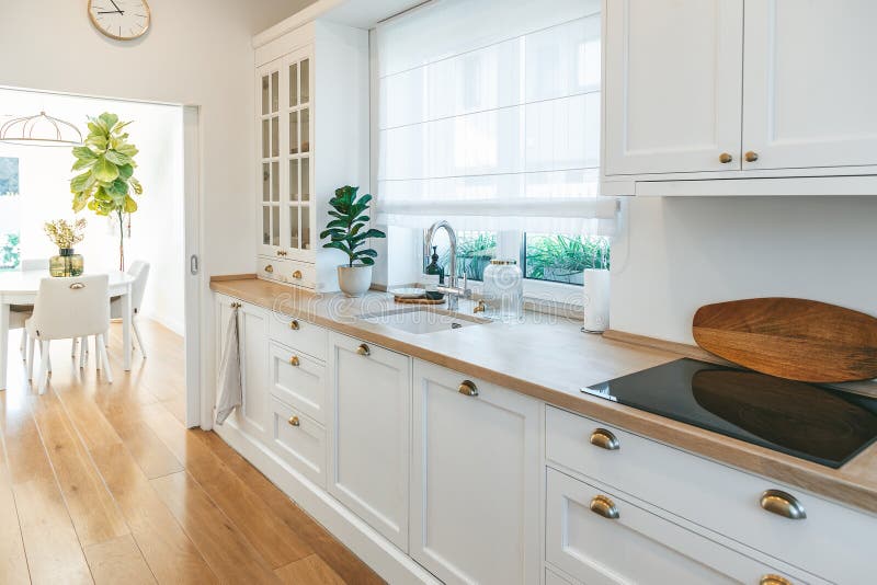 Una bella cucina bianca, elegante e compatta, in stile classico immagini stock