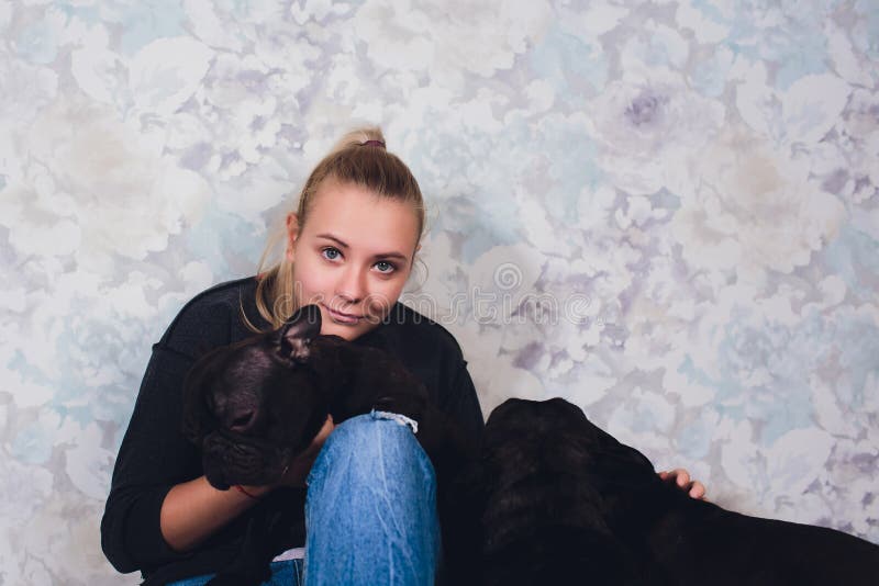 Una bella ragazza si siede e tiene molto piccolo cucciolo di un cane del bulldog francese fotografia stock Una bella ragazza si siede e tiene molto piccolo cucciolo di un cane del bulldog francese fotografia stock