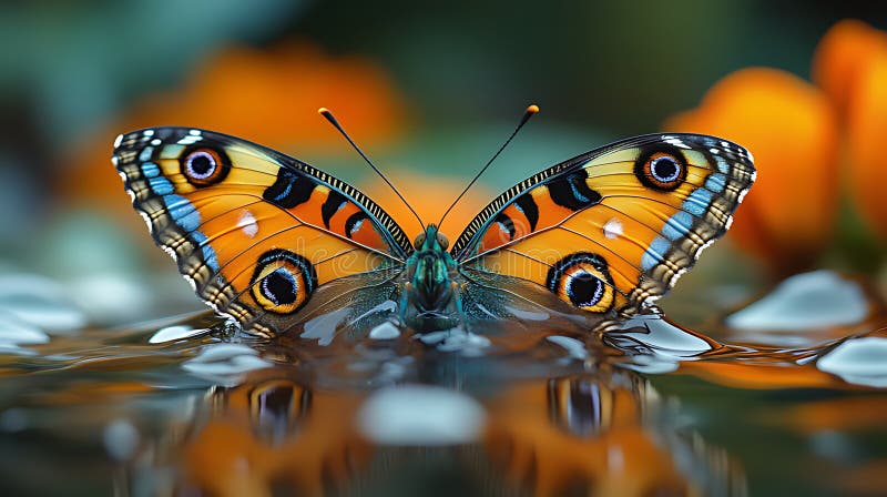 Una bellissima farfalla con ali blu arancione e nere appollaiate su uno stagno con il suo riflesso visibile nell'acqua illustrazione di stock