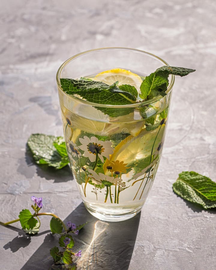 Una bevanda fresca che estigue la sete un giorno caldo con melissa ed i limoni con un modello di vetro con un modello dell'estate fotografia stock libera da diritti Una bevanda fresca che estigue la sete un giorno caldo con melissa ed i limoni con un modello di vetro con un modello dell'estate fotografia stock libera da diritti