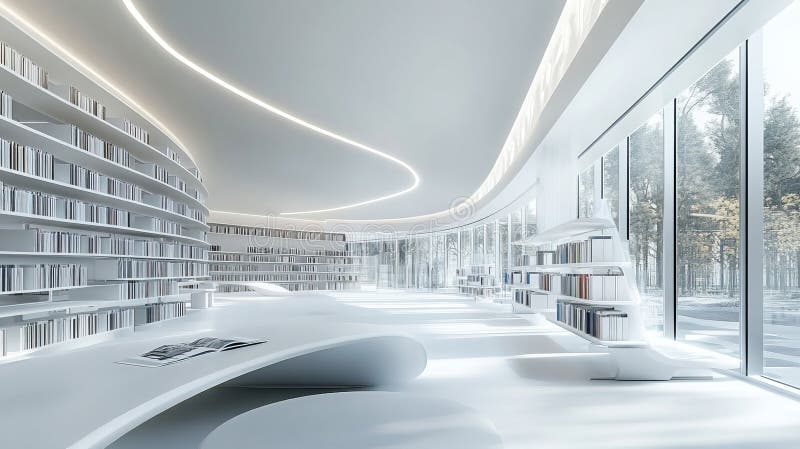 Una biblioteca pubblica futuristica e moderna con un design spazioso e un'abbondante luce naturale e aree di studio generate dall'ai
