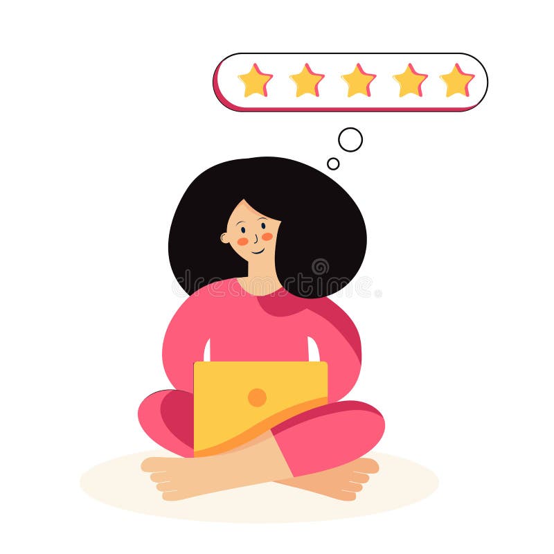 Una blogger che lavora su un portatile Feedback dei clienti, valutazione sui social network e sui siti web Magnetino di piombo So immagine stock