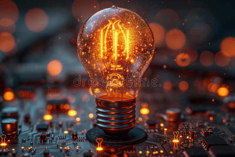 Una bombilla de luz incandescente común sobre un chip y se quema por la noche. generado por ai