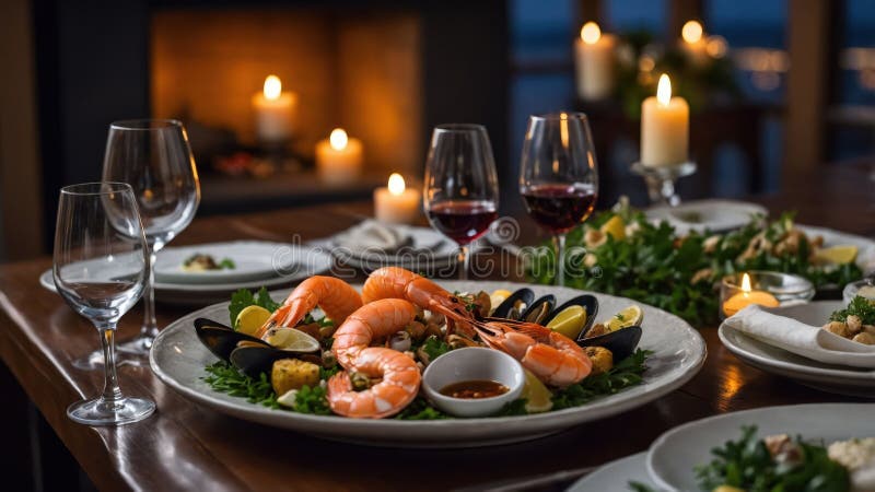 Una bonita bandeja de marisco con mejillones de gambas y vino en un ambiente acogedor ilustración del vector