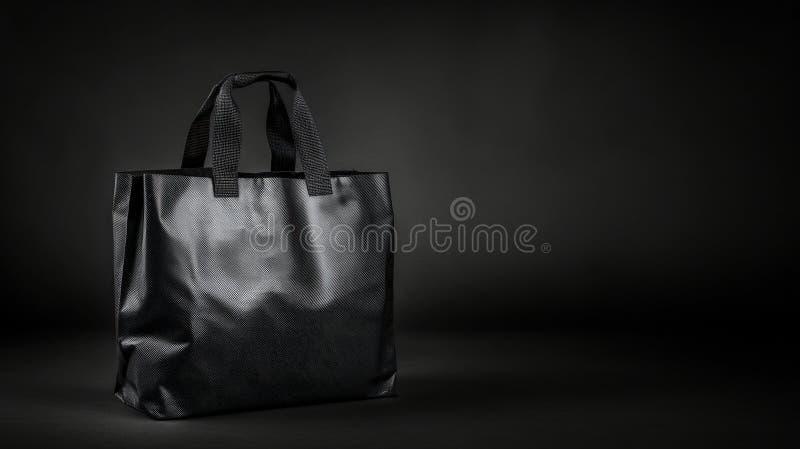 Una borsa nera con due manici e un flap superiore. L'immagine mostra una borsa nera con due maniglie robuste posizionate in verticale contro uno sfondo nero. Il sacchetto sembra fatto di un materiale lucido simile a liuto. Le maniglie sono nere e si estendono dalla parte superiore del sacchetto. La borsa è posizionata leggermente a sinistra del centro dell'immagine. La semplicità della combinazione di colori bianco e nero e il design dei sacchetti creano un'estetica minimalista. Generato dall'AI
