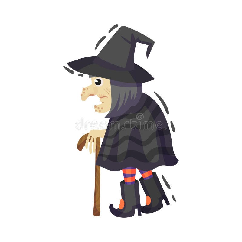 Una bruja muy vieja con un bastón. Ilustración del vector en un fondo blanco libre illustration