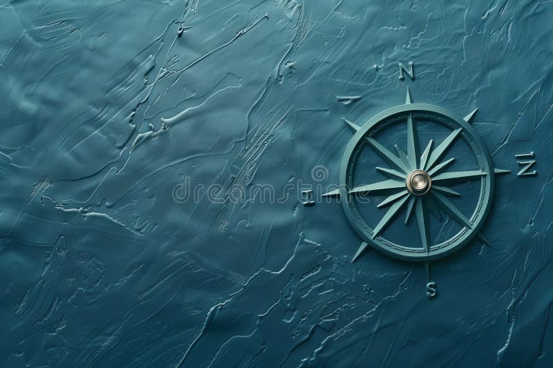 Una bussola blu con linee chiare si trova su uno sfondo blu testurizzato. l'immagine è semplice e simbolica perfetta per immagine stock