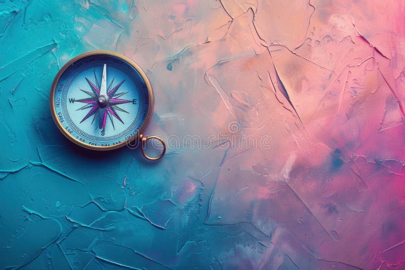 Una bussola classica con una faccia blu situata su uno sfondo blu e rosa tritato. è un'immagine semplice ma evocativa fotografia stock