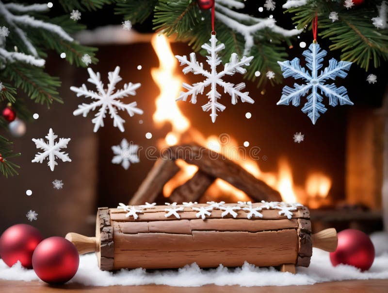 Una caja de madera con copos de nieve y un árbol de navidad. ai generativo stock de ilustración