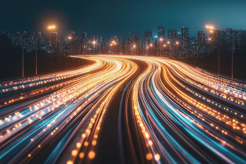 Una calle de ciudad con una larga carretera de curvas con muchas luces encendidas imagen de archivo