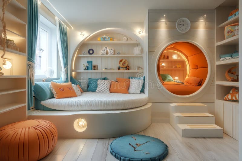 Una camera da letto accogliente e luminosa con un unico accento arancione arrotondato e elementi circolari giocosi creando uno sti fotografia stock libera da diritti