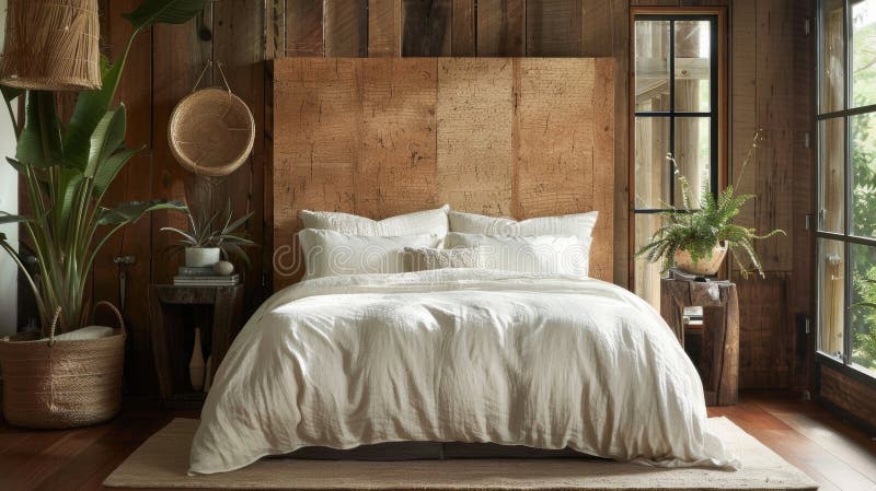 Una camera da letto dotata di un pannello di sughero elegante ed ecologico, abbinato a lettiere di cotone organico e a legno rigen immagini stock