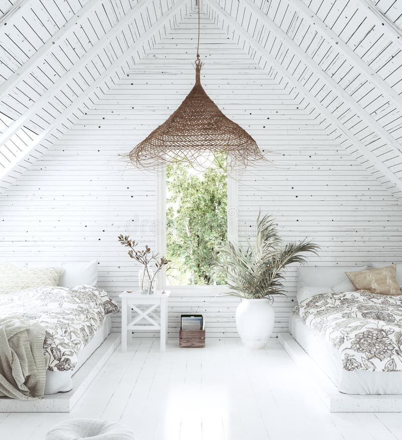 Una camera da letto tropicale bianca in stile attico, stile Scandi-Boho