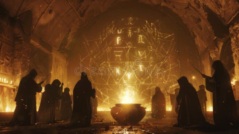 In a dark underground chamber a group of sorcerers chant and wave their wands as they brew a mysterious potion in a massive cauldron . . AI generated. In a dark underground chamber a group of sorcerers chant and wave their wands as they brew a mysterious potion in a massive cauldron . . AI generated