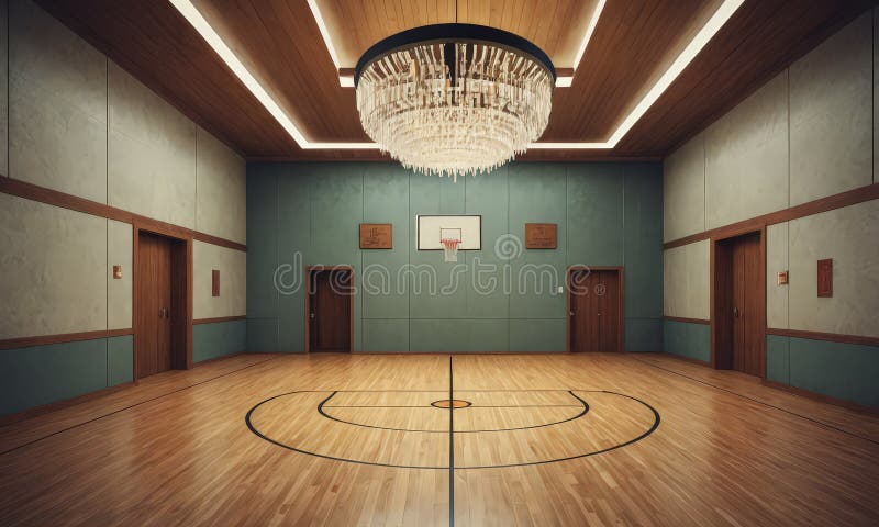 Una cancha de baloncesto con parqué de madera y una canasta de baloncesto está iluminada por una gran lámpara de araña de pared az ilustración del vector