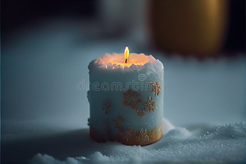 Una candela accesa seduta sopra una pila di neve ricoperta di terra accanto a una tazza di caffè e una candela royalty illustrazione gratis