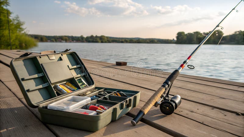 Una canna da pesca e una scatola per conguaglio su un molo di legno vicino all'acqua. pronto per una bordata di pesca. illustrazione di stock