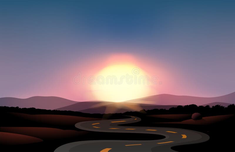 Una carretera con curvas y la puesta del sol ilustración del vector Una carretera con curvas y la puesta del sol ilustración del vector