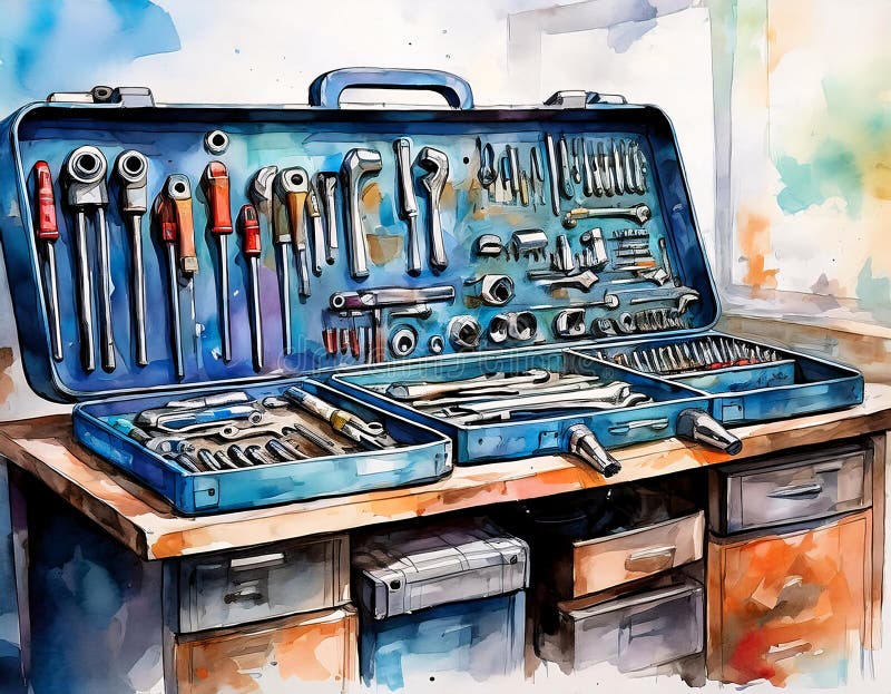 Una cassetta di attrezzi aperta riempita di vari strumenti e provviste dipinte in stile artistico vivace royalty illustrazione gratis