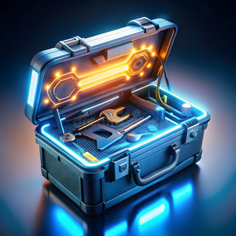 Una cassetta di attrezzi futuristica piena di brillanti strumenti high-tech che presentano design innovativo e tecnologia avanzata illustrazione di stock