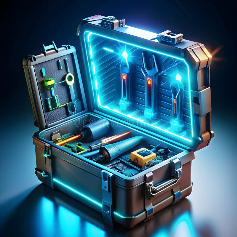 Una cassetta di attrezzi futuristica piena di brillanti strumenti high-tech che presentano design innovativo e tecnologia avanzata illustrazione vettoriale