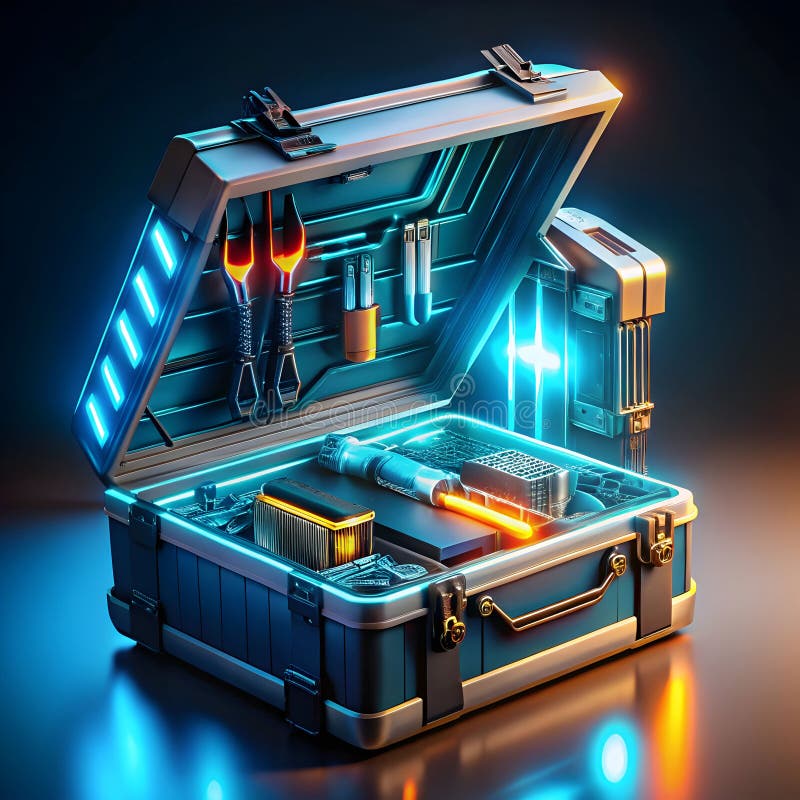 Una cassetta di attrezzi futuristica piena di brillanti strumenti high-tech che presentano design innovativo e tecnologia avanzata royalty illustrazione gratis