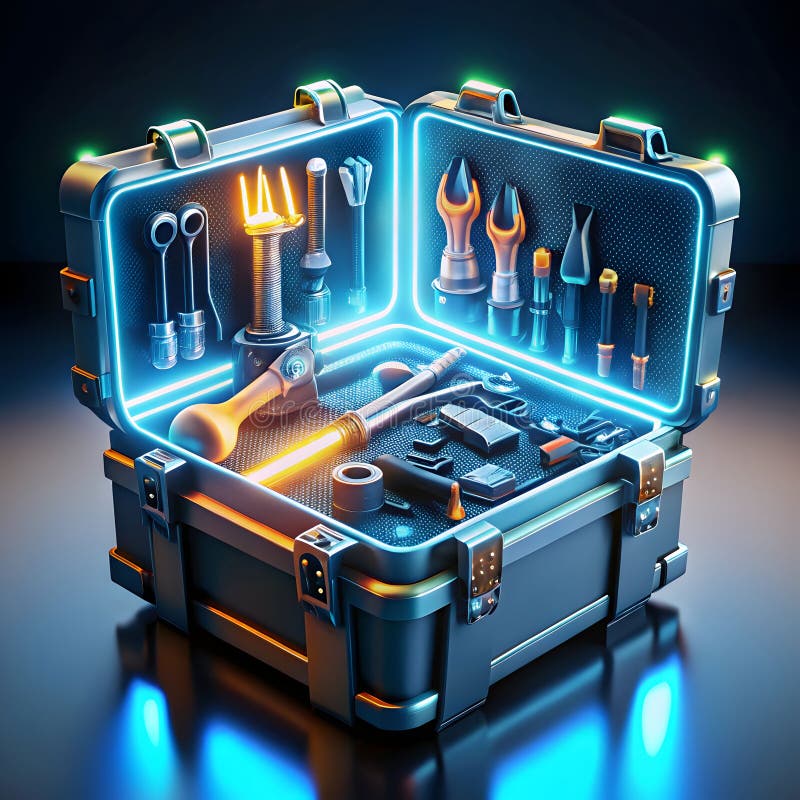Una cassetta di attrezzi futuristica piena di brillanti strumenti high-tech che presentano design innovativo e tecnologia avanzata illustrazione vettoriale