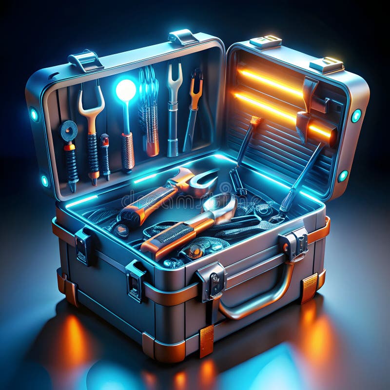 Una cassetta di attrezzi futuristica piena di brillanti strumenti high-tech che presentano design innovativo e tecnologia avanzata illustrazione di stock