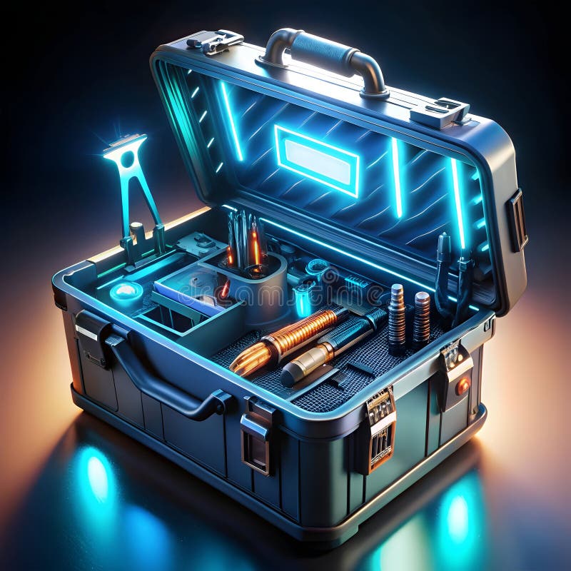 Una cassetta di attrezzi futuristica piena di brillanti strumenti high-tech che presentano design innovativo e tecnologia avanzata royalty illustrazione gratis