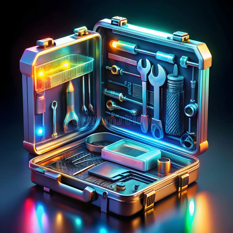 Una cassetta di attrezzi futuristica piena di brillanti strumenti high-tech che presentano design innovativo e tecnologia avanzata illustrazione vettoriale